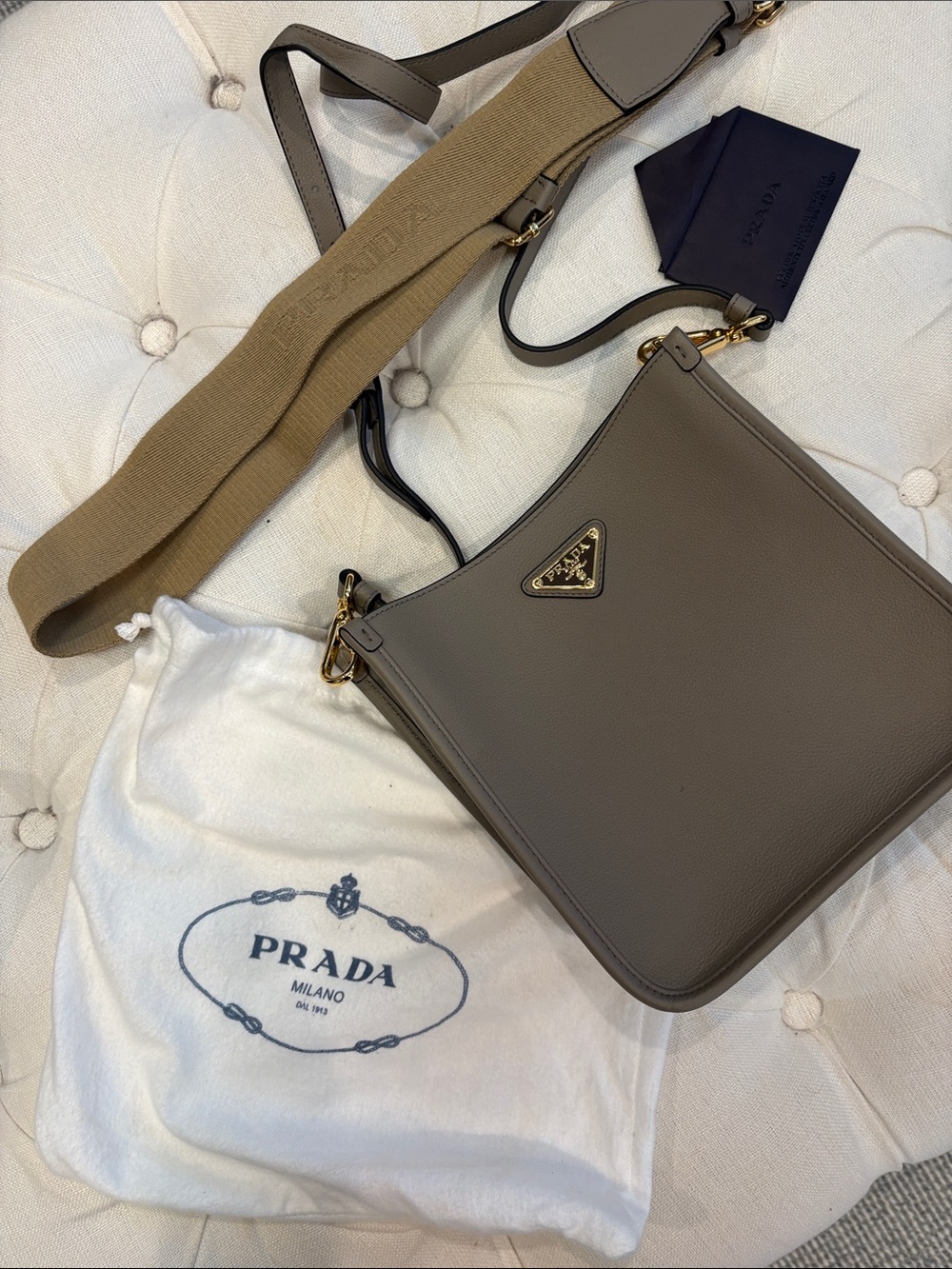 Prada Taupe Leather Shoulder Bag with Detachable Webbing Strap